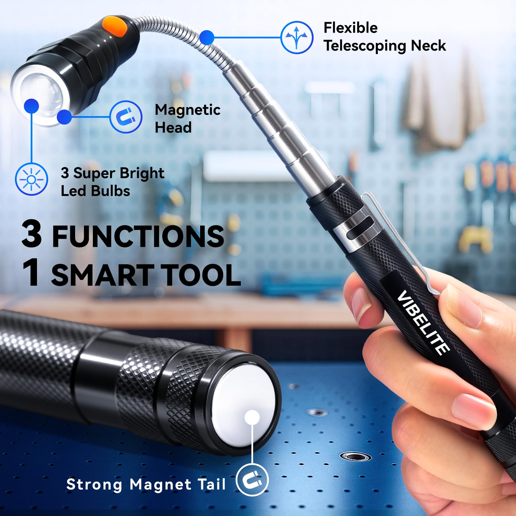 VIBELITE Extendable Magnetic Flashlight with Telescoping Magnet